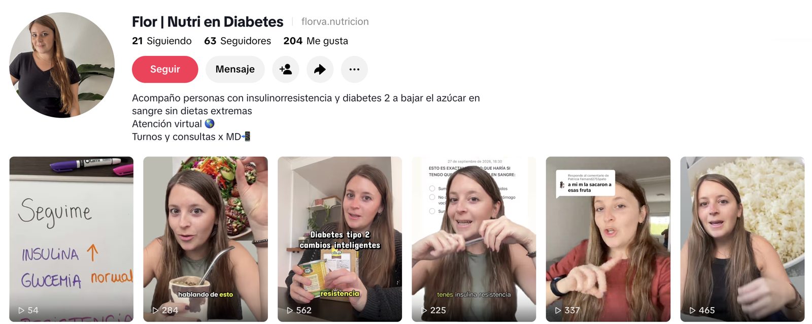 Perfil de TikTok de Flor, @florva.nutricion, con sus últimos videos